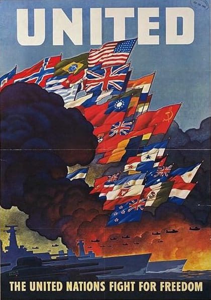「 連合国 は自由のため戦う」と記されたポスター。「連合国は自由のため戦う」と記されたポスター。
